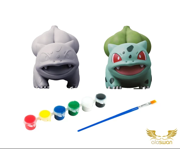 Bulbasaur Pokemon Kendi Biblonu Kendin Boya Seti - 3 Boyutlu Sevimli Biblolar + 5 Akrilik Boya ve Fırça Seti