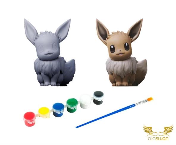 Eevee Pokemon Kendi Biblonu Kendin Boya Seti - 3 Boyutlu Sevimli Biblolar + 5 Akrilik Boya ve Fırça Seti