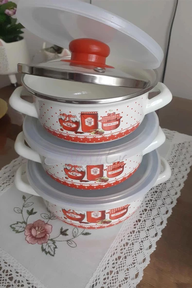 Nishev.com Evini Sev İtalyan Reçel 3'lü Emaye Tencere Seti 14/16/18 cm - İster Pişir İster Sakla - 3