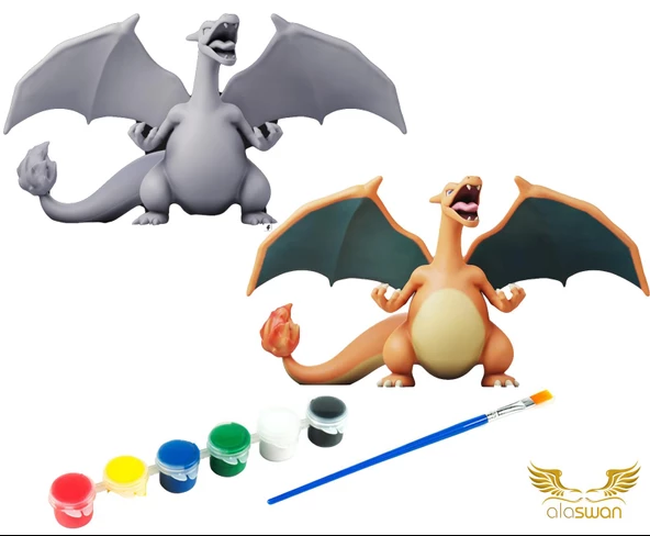 Charizard Pokemon Kendi Biblonu Kendin Boya Seti - 3 Boyutlu Sevimli Biblolar + 5 Akrilik Boya ve Fırça Seti