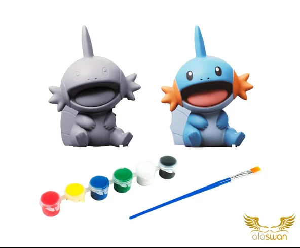 Mudkip Pokemon Kendi Biblonu Kendin Boya Seti - 3 Boyutlu Sevimli Biblolar + 5 Akrilik Boya ve Fırça Seti