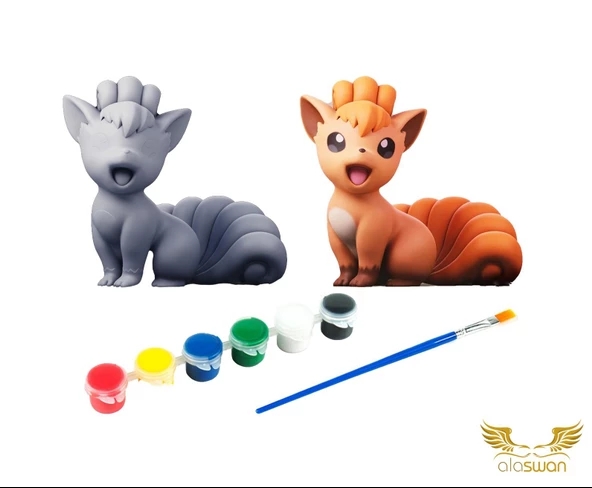 Vulpix Pokemon Kendi Biblonu Kendin Boya Seti - 3 Boyutlu Sevimli Biblolar + 5 Akrilik Boya + Fırça