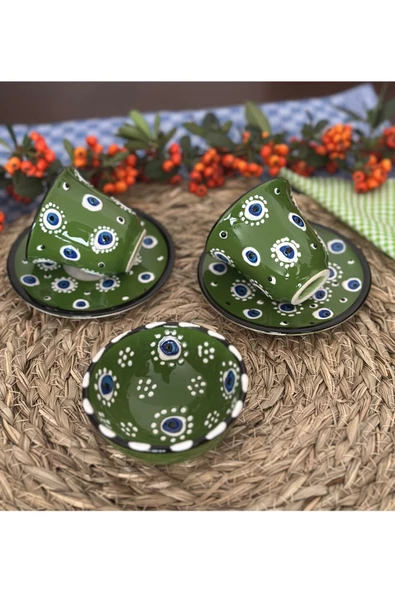 Asker Yeşili Nazar Boncuğu 2 Kişilik Kahve Fincan Seti - Resim 2