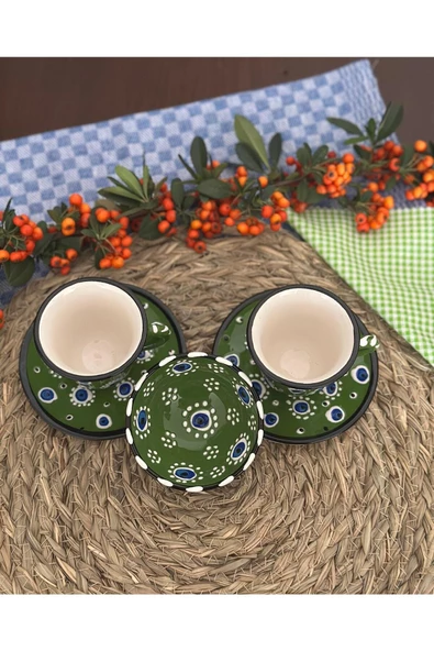 Asker Yeşili Nazar Boncuğu 2 Kişilik Kahve Fincan Seti - Resim 5
