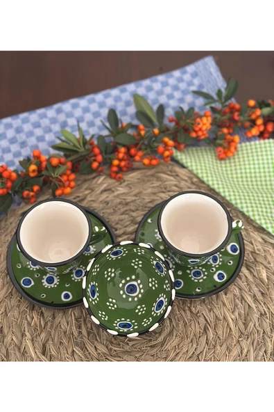 Asker Yeşili Nazar Boncuğu 2 Kişilik Kahve Fincan Seti - Resim 4