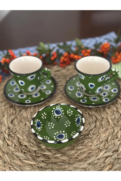 Asker Yeşili Nazar Boncuğu 2 Kişilik Kahve Fincan Seti - Resim 6