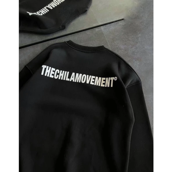 Kışlık Bisiklet Yaka Oversize Baskılı SweatShirt - Siyah - 2