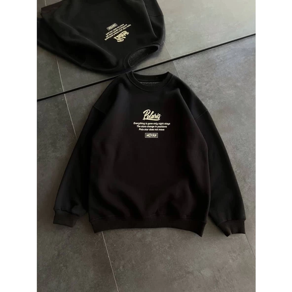 Kışlık Bisiklet Yaka Ön Ve Arka Baskılı SweatShirt - Siyah - 2