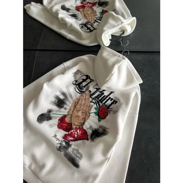 Üç İplik Penye Uzun Kol Kapşonlu Baskılı SweatShirt - Beyaz - Resim 2