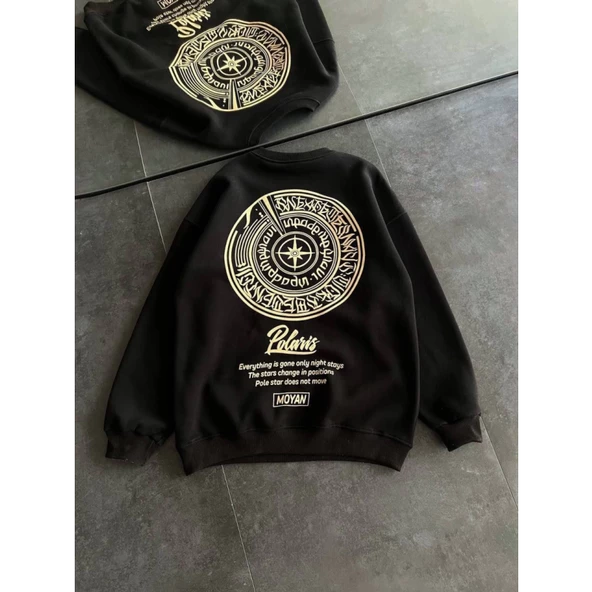 Kışlık Bisiklet Yaka Ön Ve Arka Baskılı SweatShirt - Siyah