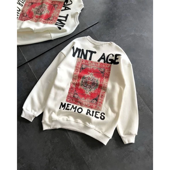 Bisiklet Yaka Üç İplik Baskılı Oversize SweatShirt - Beyaz - 2