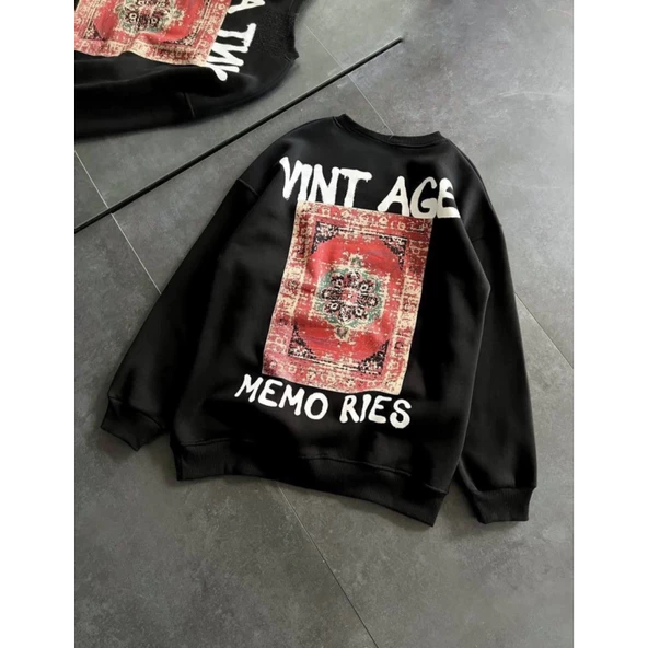 Bisiklet Yaka Üç İplik Baskılı Oversize SweatShirt - Siyah - 2