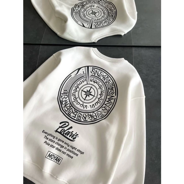 Kışlık Bisiklet Yaka Ön Ve Arka Baskılı SweatShirt - Beyaz - 4