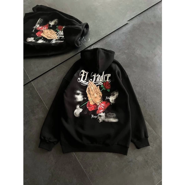 Üç İplik Penye Uzun Kol Kapşonlu Baskılı SweatShirt - Siyah - 3