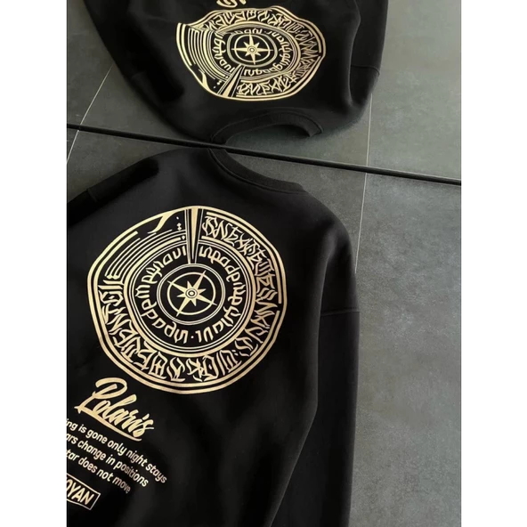 Kışlık Bisiklet Yaka Ön Ve Arka Baskılı SweatShirt - Siyah - 4