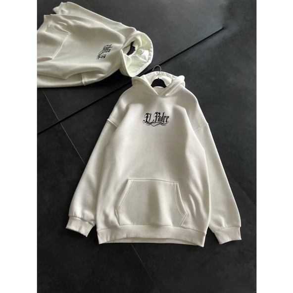 Üç İplik Penye Uzun Kol Kapşonlu Baskılı SweatShirt - Beyaz ürün görseli 1