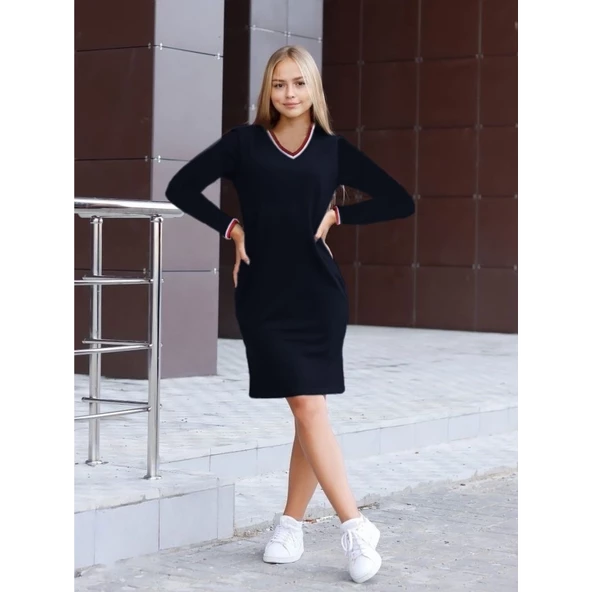 Lucky Life Kadın Uzun Kollu V Yaka Kol Ağzı Ve Yaka Ribana Detaylı Iki Iplik Mini Boy Elbise - 2