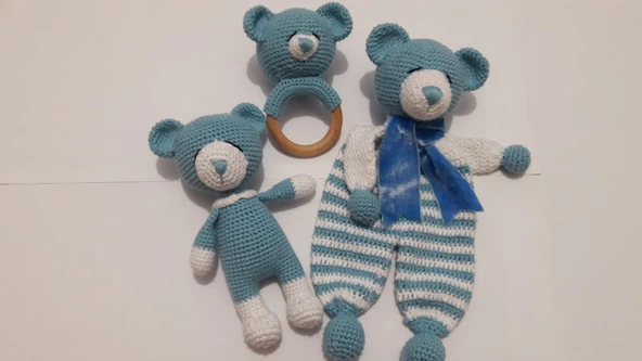 Ayıcıklı Uyku Arkadaşı ve Çıngırak Amigurumi Organik Oyuncak - 1