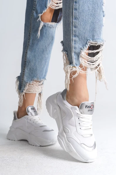 TOKYO Bağcıklı Ortopedik Taban Triko Detaylı Kadın Spor Ayakkabı BT Beyaz/Gri - 2