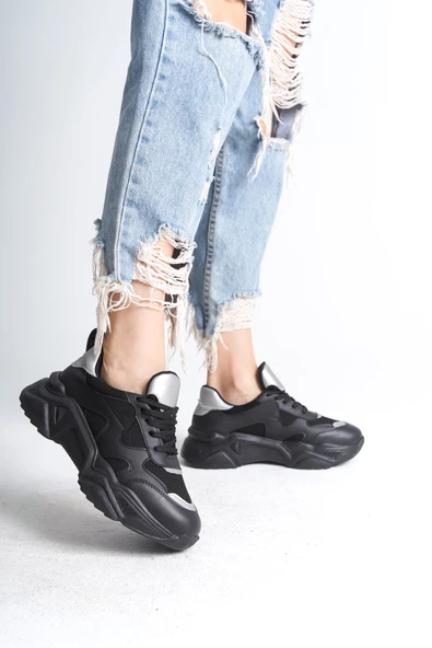 TOKYO Bağcıklı Ortopedik Taban Triko Detaylı Kadın Spor Ayakkabı ST Siyah/Gri - 2