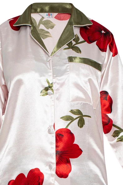Çiçekli Gömlek Yaka Saten Kadın Pijama Takımı S1014 - 2