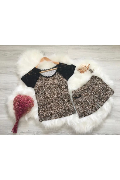 Kadın Leopar Desenli Şort Takım 728 - 3