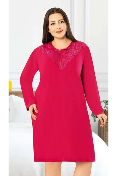 Büyük Beden Dantel Yaka Uzun Kollu Kadın Gecelik (Battal Gecelik) 1612 - 3