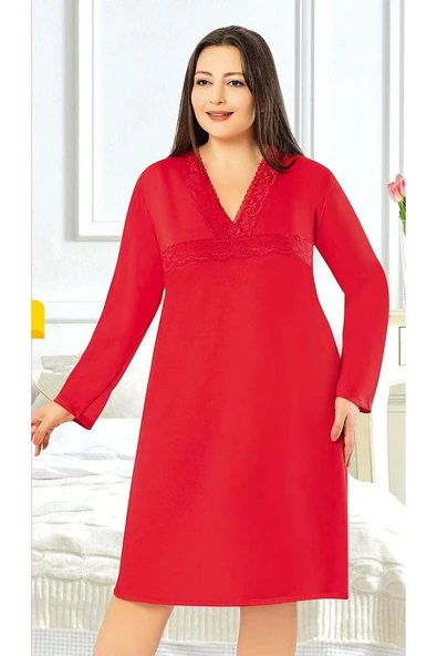 Büyük Beden Dantel Yaka Uzun Kollu Kadın Gecelik (Battal Gecelik) 1611 - 9