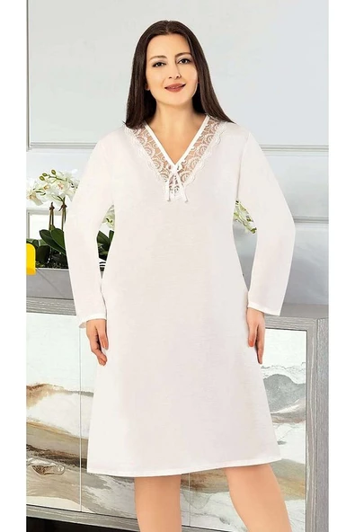 Büyük Beden Dantel Yaka Uzun Kollu Kadın Gecelik (Battal Gecelik) 1610 - 5