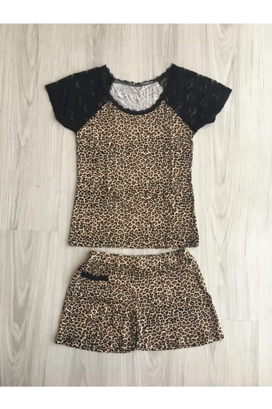 Kadın Leopar Desenli Şort Takım 728 - 2