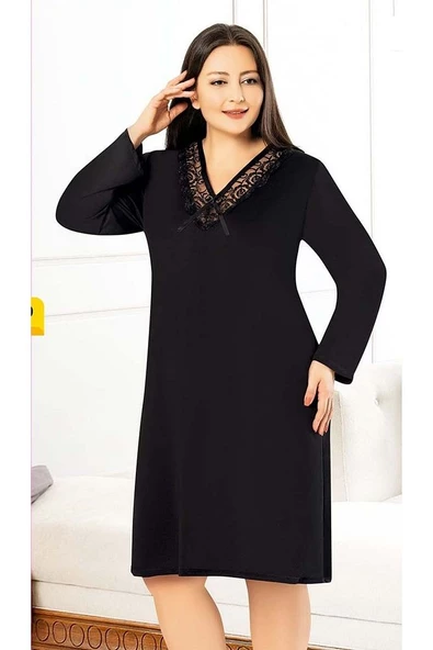 Büyük Beden Dantel Yaka Uzun Kollu Kadın Gecelik (Battal Gecelik) 1610 - 6