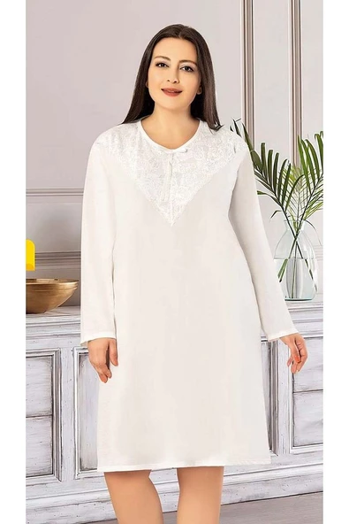 Büyük Beden Dantel Yaka Uzun Kollu Kadın Gecelik (Battal Gecelik) 1612 - 5