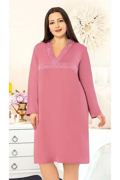 Büyük Beden Dantel Yaka Uzun Kollu Kadın Gecelik (Battal Gecelik) 1611 - 3