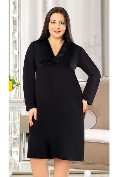 Büyük Beden Dantel Yaka Uzun Kollu Kadın Gecelik (Battal Gecelik) 1611 - 7