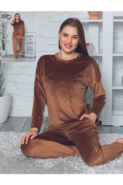 Kahverengi Kışlık Kadife Pijama Takımı