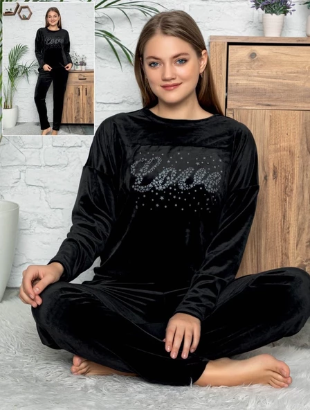 Göğüs Yıldız Detaylı Kadife Pijama Takımı