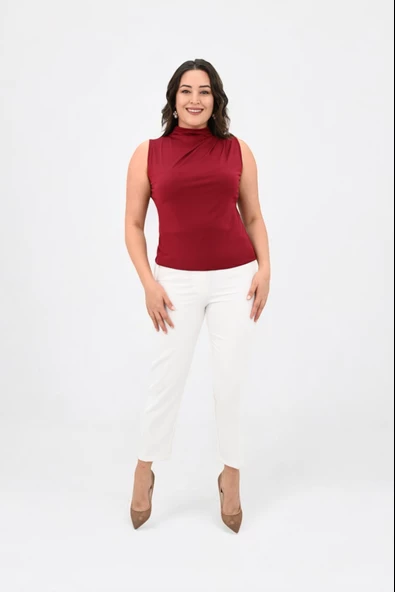 Kadın Büyük Beden Drape Detaylı Dik Yaka Bluz 1851-25 - 9