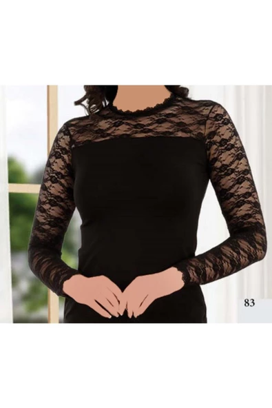 Kadın Siyah Açık Yaka Uzun Kollu Dantelli Atlet