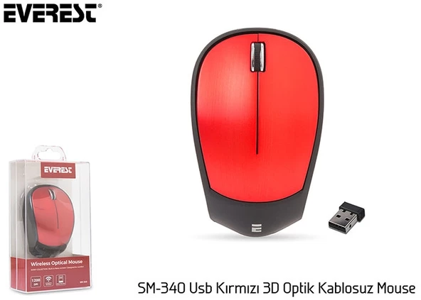 Mouse Kablosuz 3D Optik Süper Sessiz Alkalin Pilli Everest SM-340 Kırmızı