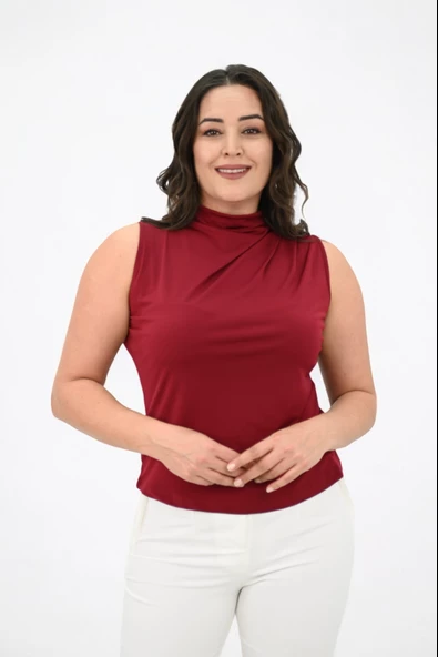 Kadın Büyük Beden Drape Detaylı Dik Yaka Bluz 1851-25 - 8