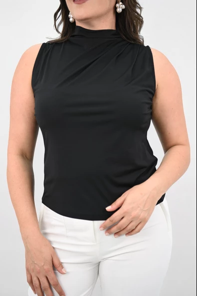 Kadın Büyük Beden Drape Detaylı Dik Yaka Bluz 1851-25 - 7