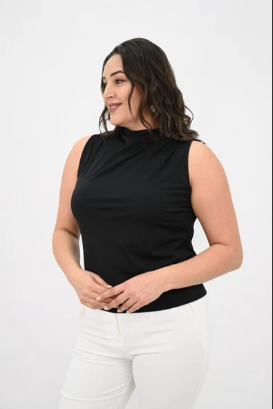 Kadın Büyük Beden Drape Detaylı Dik Yaka Bluz 1851-25 - 4