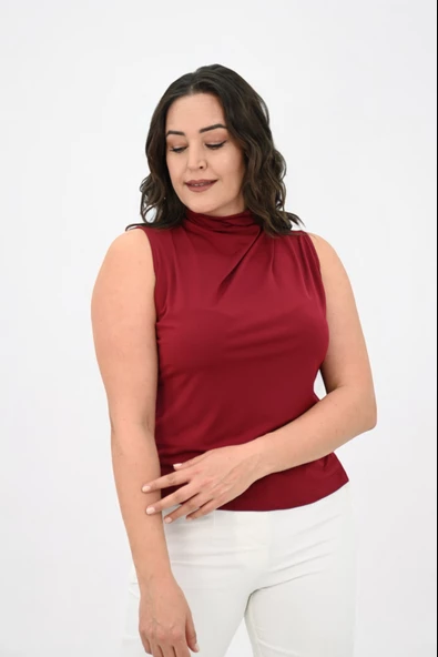 Kadın Büyük Beden Drape Detaylı Dik Yaka Bluz 1851-25 - 11