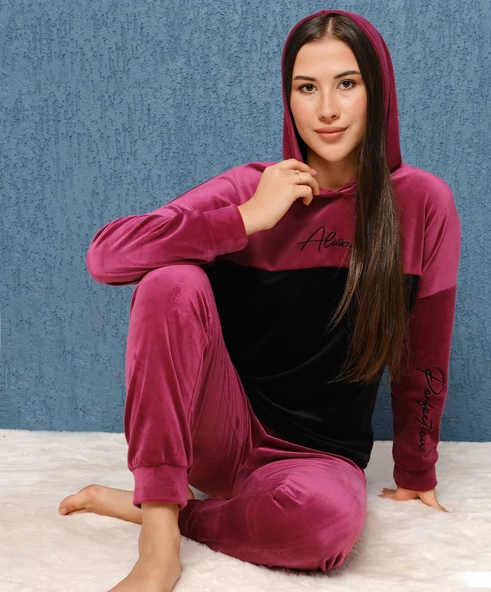 Fransız Kadife Kapüşonlu Kadın Pijama Takımı 1907-2 - 2