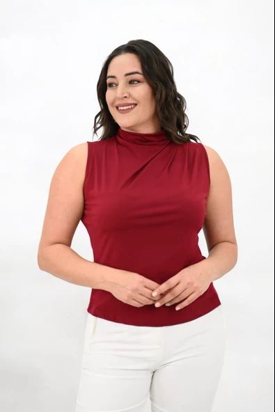 Kadın Büyük Beden Drape Detaylı Dik Yaka Bluz 1851-25 - 10