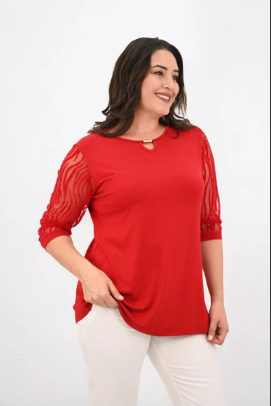 Kadın Büyük Beden Tül Detaylı Aksesuar Yaka Bluz 1864-25 - 11