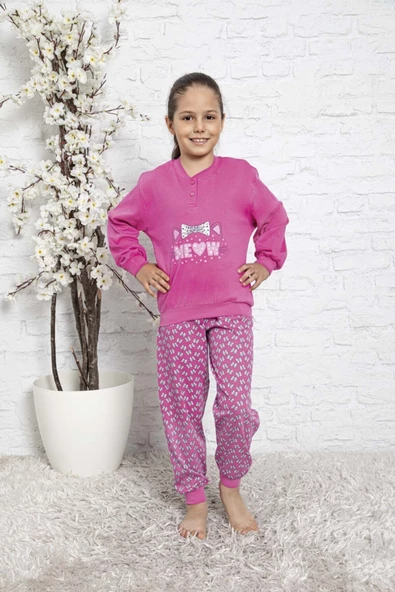 Kız Çocuk Interlok Pembe Pijama Takımı - 2