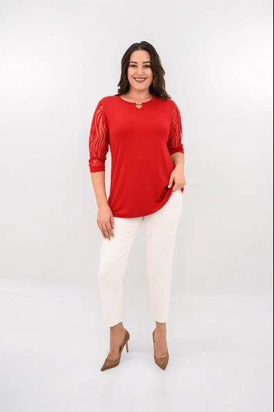 Kadın Büyük Beden Tül Detaylı Aksesuar Yaka Bluz 1864-25 - 9