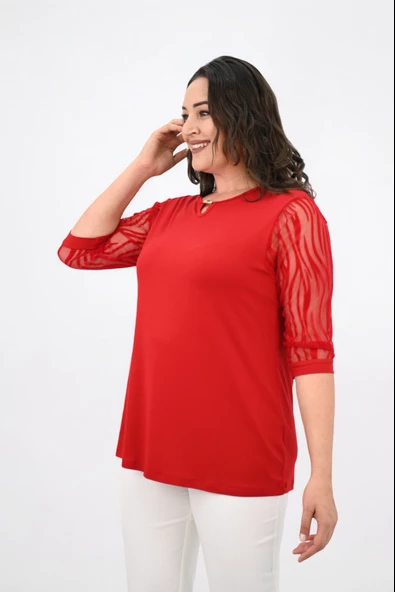 Kadın Büyük Beden Tül Detaylı Aksesuar Yaka Bluz 1864-25 - 10