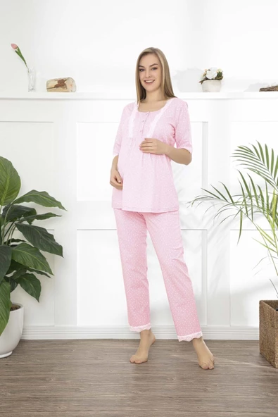 Puantiyeli Fırfırlı Kadın Hamile Pijama Takımı - 2